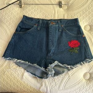 Wrangler Blue and Red Jean Shorts with Distressed Hem